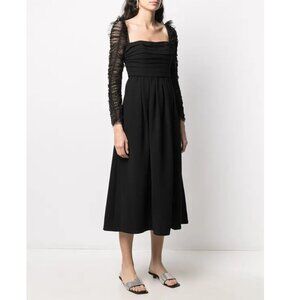 Self-Portrait Crepe Dot Mesh Sleeved Black Midi Dress
